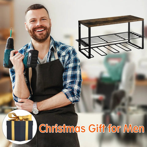 2 Pack Power Tool Organizer Wall Mount Kit For Garage Storage with man holding drill, floating tool shelf featured