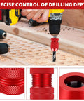 Heavy Duty Two Piece Adjustable Drill Bit Depth Stop Collar Kit Machined From Solid Aluminum Alloy on a drill, providing control for precise depth.
