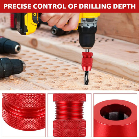 Heavy Duty Two Piece Adjustable Drill Bit Depth Stop Collar Kit Machined From Solid Aluminum Alloy on a drill, providing control for precise depth.