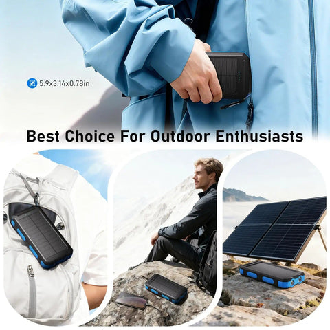 Outdoor Solar Power Bank 20,000mAh Portable Charger With USB C And 3 USB Ports 4 included cables on backpack and in use outdoors.