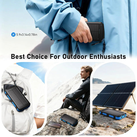 Person holding 20,000mAh Solar Charger Power Bank With 4 Cables And 3 USB Ports, Fast Charge External Battery Pack For Phones