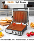 4 Slice Panini Press Contact Grill With Removable Non Stick Coated Plates Temperature Control Timer And Open 180 Degree Design For Cooking Sandwiches Steaks Sausages Quesadillas Half Black Stainless Steel Finish on kitchen counter with bread and vegetables.