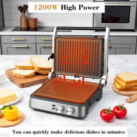 4 Slice Panini Press Contact Grill With Removable Non Stick Coated Plates Temperature Control Timer And Open 180 Degree Design For Cooking Sandwiches Steaks Sausages Quesadillas Half Black Stainless Steel Finish on kitchen counter with bread and vegetables.