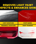 Comparison of car surfaces with light scratches, scuff marks, paint transfer using Quik Eraser Kit Car Scratch Remover For Repairing Surface Blemishes Safe On Clear Coats With ScratchX Pro Grade Drill Mounted Pad And Microfiber Towel 4 Count DIY Car Care Kit.
