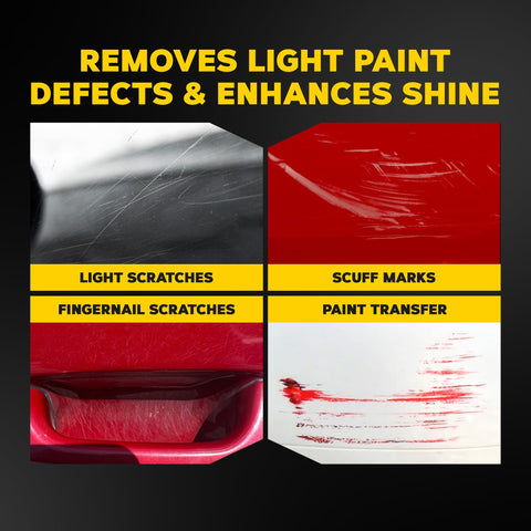 Comparison of car surfaces with light scratches, scuff marks, paint transfer using Quik Eraser Kit Car Scratch Remover For Repairing Surface Blemishes Safe On Clear Coats With ScratchX Pro Grade Drill Mounted Pad And Microfiber Towel 4 Count DIY Car Care Kit.