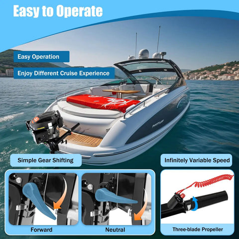 Luxury boat with 6HP 4-Stroke Outboard Motor For Small Boats, 140cc Short Shaft With Tiller, air-cooled engine visible