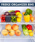 Heavy Duty Clear Plastic Pantry Storage Totes With Removable Dividers 2 Pack Kitchen Cabinet Organizers For Dry Goods Snacks Spices Medicine Fridge Shelf Caddies Keeping Your Counter Super Tidy And Stress Free with fruits and vegetables in fridge.