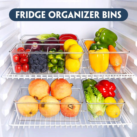 Heavy Duty Clear Plastic Pantry Storage Totes With Removable Dividers 2 Pack Kitchen Cabinet Organizers For Dry Goods Snacks Spices Medicine Fridge Shelf Caddies Keeping Your Counter Super Tidy And Stress Free with fruits and vegetables in fridge.