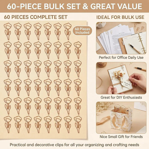 60 Piece Gold Flower Shaped Paper Clips Set For Office And Planner Use displayed in a complete set on a beige background