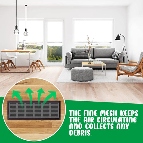 8 Pack Magnetic Floor Vent Covers 5.5x12 Inch Rectangle PVC Mesh Screen Vents For Floor Wall And Ceiling Traps Debris Hair And Insects Easy Snap On Black shown in modern living room.