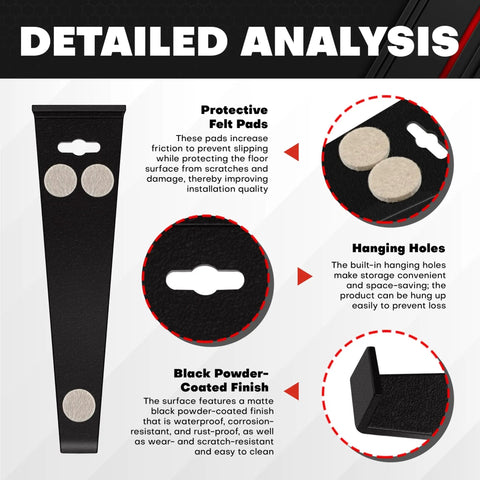 Heavy Duty 12.2 Inch Pull Bar for Vinyl Plank and Laminate Flooring Installations Black Steel Tool With Matte Coating 4mm Thick Soft Back Padding to Protect Floors detailed view with felt pads and hanging hole