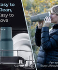 Woman drinking from 40 Oz Stainless Steel Tumbler With Handle And Straw For On The Go Hydration, Double Wall Vacuum Insulation Keeps Drinks Cold Or Hot Longer, Sweat Proof Easy Grip, BPA Free And Dishwasher Safe, Charcoal, showing dishwasher safe feature.