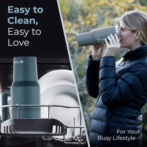 Woman drinking from 40 Oz Stainless Steel Tumbler With Handle And Straw For On The Go Hydration, Double Wall Vacuum Insulation Keeps Drinks Cold Or Hot Longer, Sweat Proof Easy Grip, BPA Free And Dishwasher Safe, Charcoal, showing dishwasher safe feature.