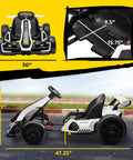 Side view of Dual Motor 24V Electric Go Kart For Kids 6-12 with size dimensions and adjustable seat measurements.
