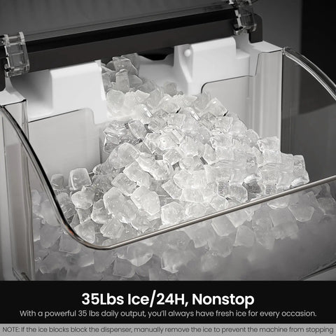 Rapid Chill Countertop Nugget Ice Maker Churns Out 35 Pounds Daily with fresh, clear nugget ice in storage bin.