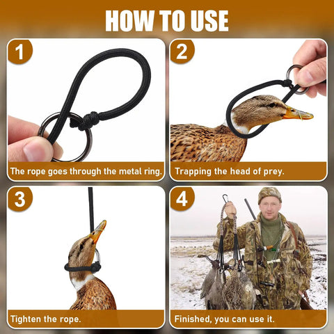 Steps showing how to use the Waterfowl Tote With 12 Drops Slip Ring And Paracord for field hunting.