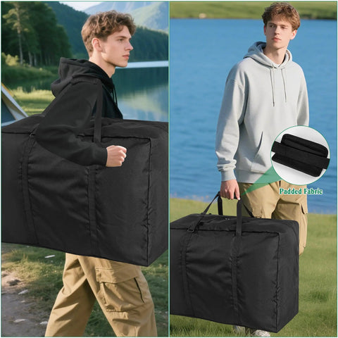 Person carrying Heavy Duty Tent Storage Bag With Padded Handles, Waterproof 600D Oxford, Rugged Pole Organizer, black, in outdoor setting