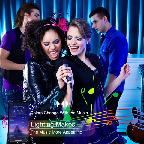 Smart 35Ft LED Strip Lights With App Control And Remote enhancing party vibe with music sync color changing lights, two people singing