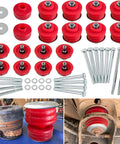 Ford F250 F350 Super Duty Body Mount Bushing Kit For 2008 To 2016 2WD 4WD Polyurethane Cab Mounts With Steel Sleeves And Hardware In Red Tough Finish, red polyurethane bushings, sleeves, washers and bolts