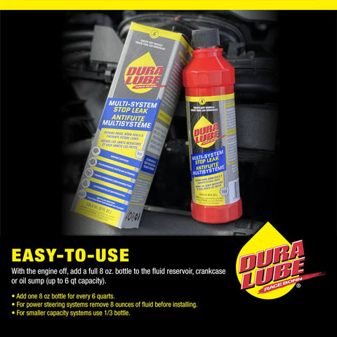 All In One Stop Leak For Engine, Transmission, Power Steering And More, 8 Oz Bottle, Stops Leaks Across Multiple Systems, Rejuvenates Seals, Gaskets And O Rings, Prolonging Lifespan And Preventing Future Leaks. red bottle and box on engine bay