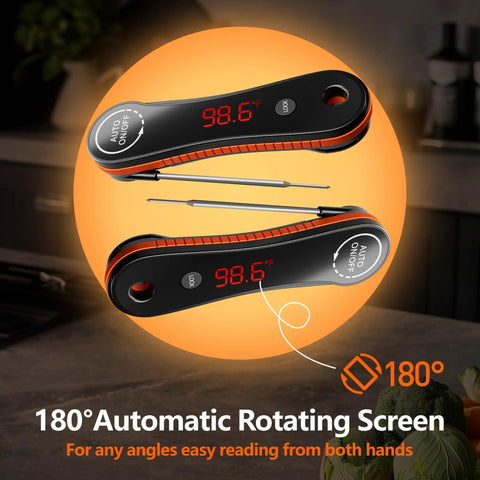 0.5s Instant Read Digital Meat Thermometer with Auto Rotating Backlit Display shown with 180° rotation feature on screen.