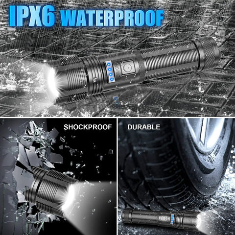 Rechargeable Tactical Flashlight 10000 Lumens Zoomable LED With Power Display IPX6 Waterproof shown in rain and outdoors