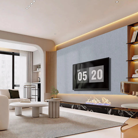 Modern living room featuring 5 Pack Acoustic Panels Smoke Gray High Density Soundproofing Foam Tiles for decor and sound control.