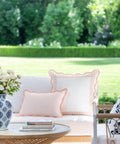 Chill Coastal Patio Lumbar Pillow Cover 12x20 Inches Water Repellent Indoor Outdoor Blush Pink Stripes With Scalloped Edge Hidden Zipper