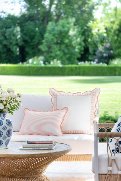 Chill Coastal Patio Lumbar Pillow Cover 12x20 Inches Water Repellent Indoor Outdoor Blush Pink Stripes With Scalloped Edge Hidden Zipper