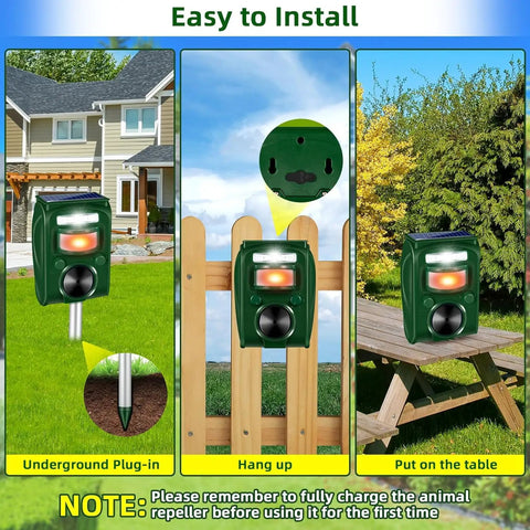Installation options for Solar Ultrasonic Animal Repeller With Five Frequency Modes, Motion Sensor, And Strobe Light demonstration