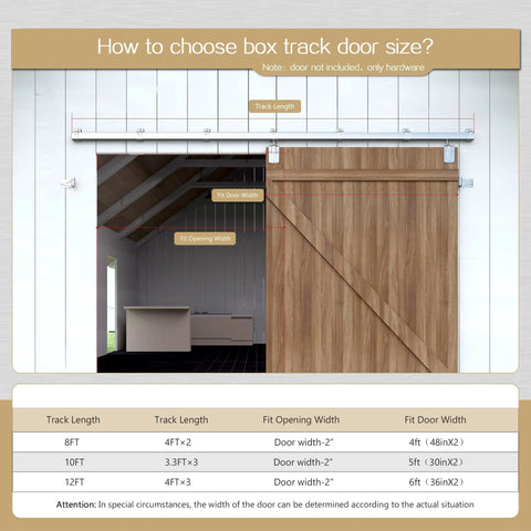 Diagram showing how to choose box track door size with barn door beneath on 12 Foot Heavy Duty Galvanized Steel Exterior Sliding Barn Door Hardware Kit For Outdoor Use With 450 Lb Capacity And Black Powder Coated Anti Corrosion Finish Designed To Fit A Single Door Up To 72 Inches Wide.