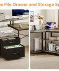 75 Inch L Shaped Desk With File Drawers And Power Outlet For Home Office showing large file drawer and storage shelves.
