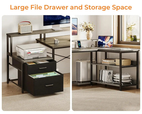 75 Inch L Shaped Desk With File Drawers And Power Outlet For Home Office showing large file drawer and storage shelves.