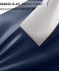 Self Adhesive Leather Repair Tape Kit 4x63 Inch Leather Patch For Furniture Car Seats Sofas Couches Boat Seats Dark Blue Waterproof Durable Fix Scratches Cracks Burns Fading close-up showing adhesive backing.