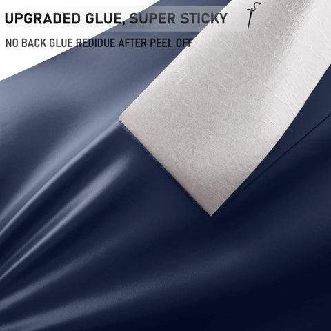 Self Adhesive Leather Repair Tape Kit 4x63 Inch Leather Patch For Furniture Car Seats Sofas Couches Boat Seats Dark Blue Waterproof Durable Fix Scratches Cracks Burns Fading close-up showing adhesive backing.