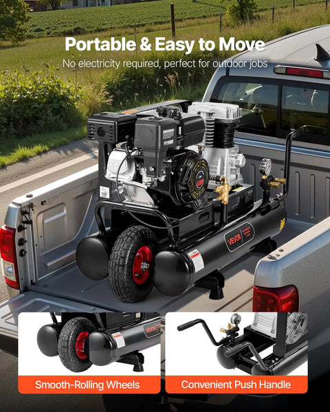 VEVOR 9 Gallon Twin-Tank Gas Powered Air Compressor, 6.5HP 9CFM Piston Pump, Max 115PSI, Mobile On Wheels For Tire Inflation Auto repairs And Spray Painting Heavy Duty Power
