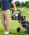 Man holding golf cart with Ultimate Golf Cart Organizer Bag With Drink Holders And Adjustable Compartments on the course