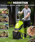 Man using Powerful 15 Amp Wood Chipper And Shredder For Easy Yard Cleanup With 1.8 Inch Cutting Diameter Electric Wood Crusher