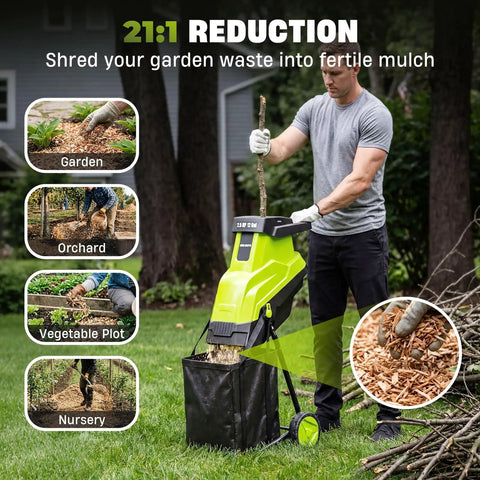 Man using Powerful 15 Amp Wood Chipper And Shredder For Easy Yard Cleanup With 1.8 Inch Cutting Diameter Electric Wood Crusher