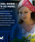Woman wearing Red Paisley Cooling Bandana Water Activated Chill For Instant Cool Up To Two Hours Lightweight And Breathable UPF 50 Sun