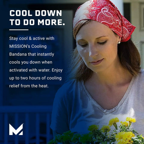 Woman wearing Red Paisley Cooling Bandana Water Activated Chill For Instant Cool Up To Two Hours Lightweight And Breathable UPF 50 Sun