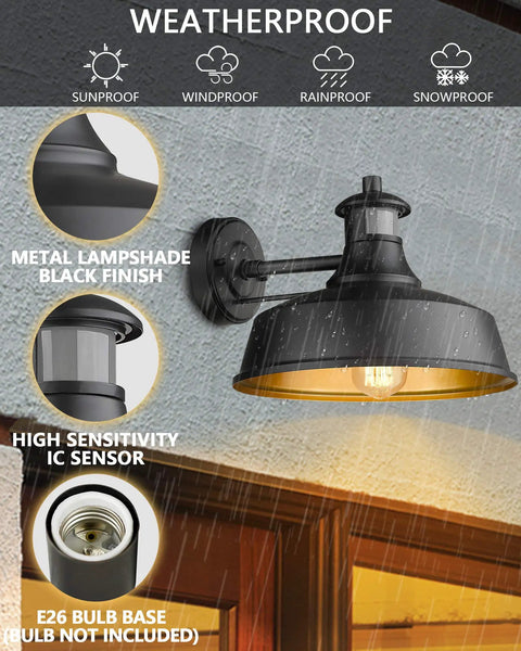 Motion Sensor Barn Light Outdoor Dusk To Dawn Wall Sconce With Auto On Off, vintage black finish in rain, close-up view.