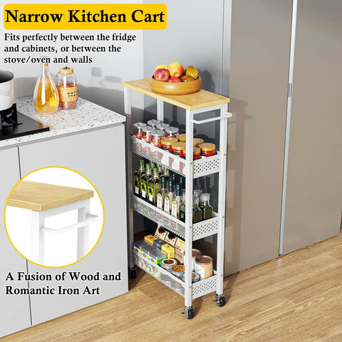Slim 4 Tier Rolling Storage Cart With Wood Top For Narrow Spaces In Kitchen Laundry Room And Bathroom Metal Narrow Shelf Unit Mobile Organizer Trolley With Handle For Tight Corners placed between cabinet and refrigerator.