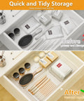 Clear Plastic Drawer Organizer Set For Kitchen Bathroom Office Cosmetics And Tools With Adjustable Dividers Space Saving Transparent Design 9 Pieces Must Have For Efficient Drawer Organization showing tidy drawer with sections for cosmetics and tools.
