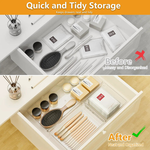 Clear Plastic Drawer Organizer Set For Kitchen Bathroom Office Cosmetics And Tools With Adjustable Dividers Space Saving Transparent Design 9 Pieces Must Have For Efficient Drawer Organization showing tidy drawer with sections for cosmetics and tools.