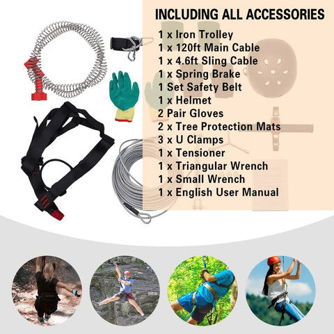 Backyard Zip Line Kit 120Ft For Kids And Teens Up To 330 Lbs With Stainless Steel Cable Spring Brake Adjustable Safety Harness And Helmet Included showing all accessories