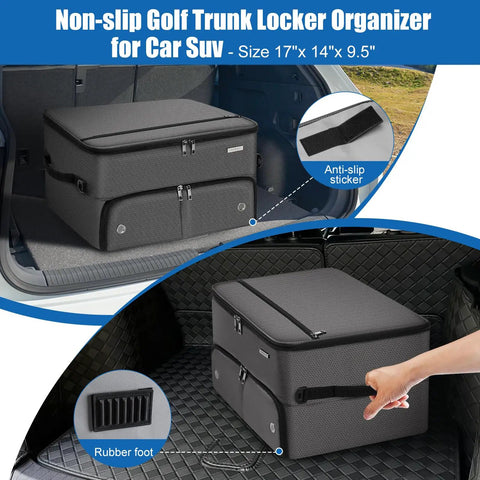 Two Layer Golf Trunk Organizer For Car And SUV With Shoe Compartment And Dividers Waterproof golf gear bag with handle.
