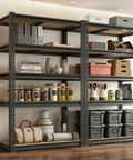 Hella Tough 5 Tier Metal Storage Rack With Fully Adjustable Shelves And 2000 Pound Capacity filled with jars and bins for organized storage.