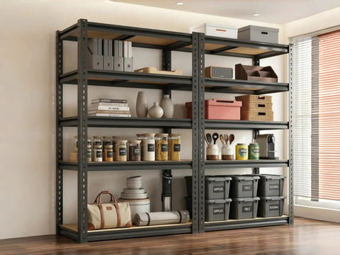 Hella Tough 5 Tier Metal Storage Rack With Fully Adjustable Shelves And 2000 Pound Capacity filled with jars and bins for organized storage.