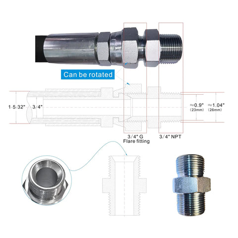 Diagram showing Heavy Duty Pro Grade Compressor Jumper Hose with Freely Rotating Three Quarter NPT Ends, 40 Inch Length, 700 PSI